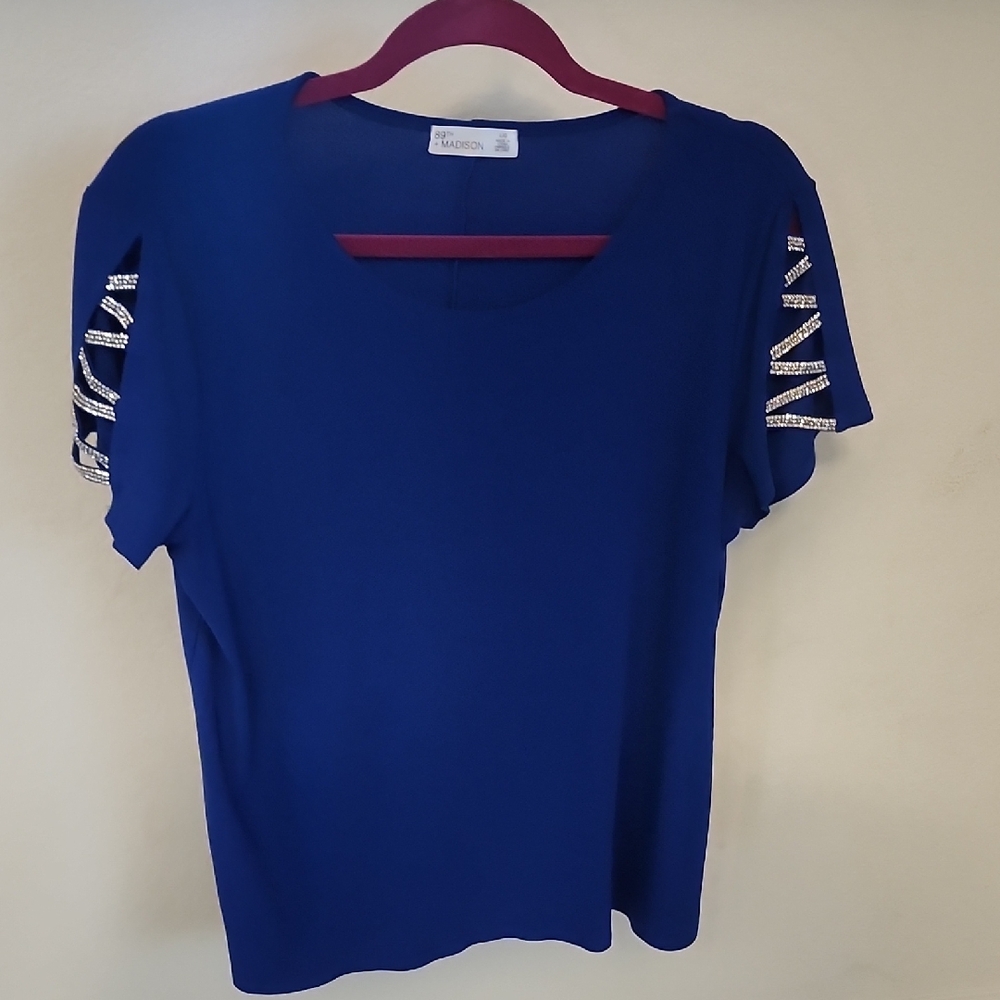 Madison Royal Blue Short Sleeve Top with Rhinestone-Trim Sleeves